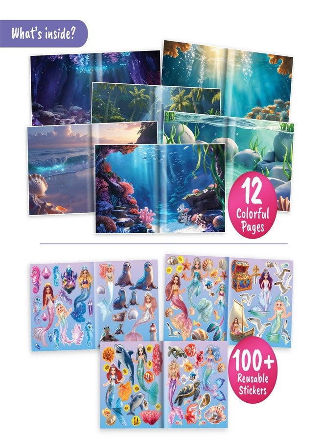 BSCOOL Mermaid Kingdom Reusable Sticker Book, 100+ Stickers, Underwater Fantasy Activity Book - Mermaid Sticker Dress Up for Girls Ages 4-6. Airplane Stickers Book for Toddlers. Christmas Gift - Image 3